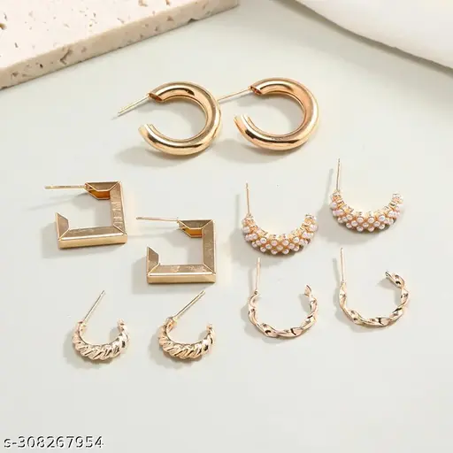 Gold Plated Combo of 5 Pearl Decor Hoop Earrings For Women & Girls