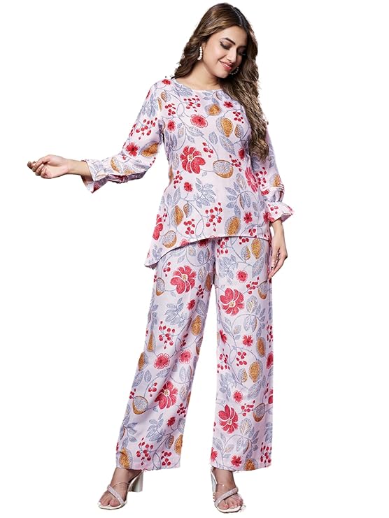 GRECIILOOKS Women’s Floral Pajama Set – Rayon Nightwear Top & Wide-Leg Pants