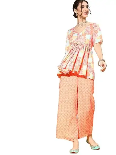 ZIYAA Women's Multi Color Cotton Flared Kurta And Palazzo