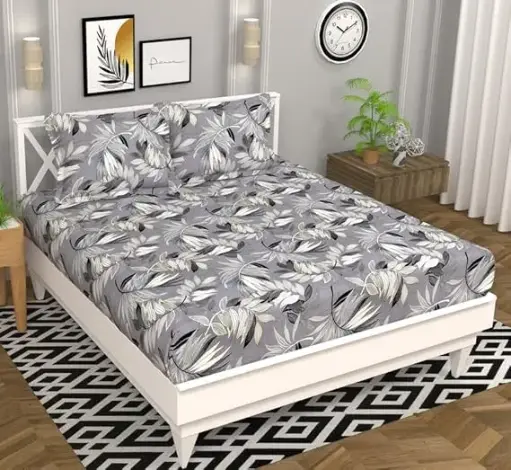 BSB HOME Premium Microfiber 160 TC Flat Double Bed Bedsheets for Summer Breathable | Wrinklefree (Size- 225 x 228 Cm) with 2 Pillow Covers (Size-17 X 27 Inches,Floral, Silver and Black)