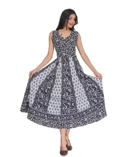Rajasthani Traditional Black Cotton Jaipuri Maxi Dress: Long Floral Midi Gown with Elegant Prints, Perfect for Casual Comfortable and Stylish Design